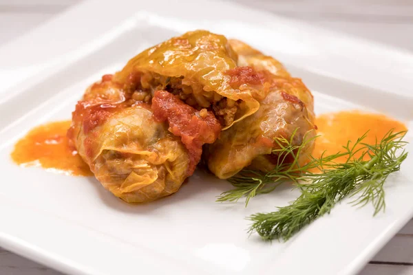 Close Freshly Made Cabbage Rolls White Plate — Stock Photo, Image