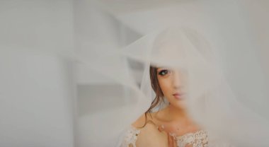 Güzel, seksi, şık, esmer gelin görünüyor ve vintage beyaz/Fildişi elbise ile peçe altında poz kadar yakın portre