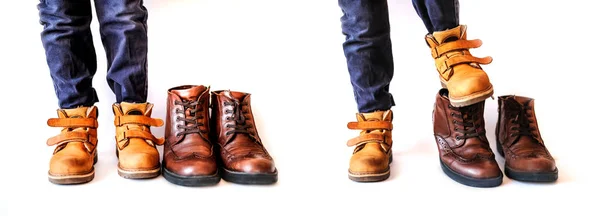 Konzept Kleiner Junge Mit Stiefeln Auf Papas Schuhen Auf Weißem — Stockfoto
