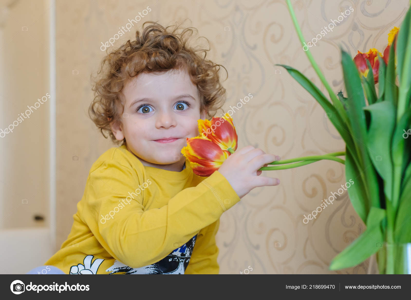 Little Handsome Boy Curly Hair Smells Tulip Clouse Vie Stock