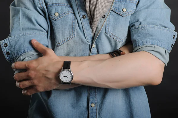 Young Handsome Boy Denim Shirt Glases Black Clock Hand Close — Stock Photo, Image