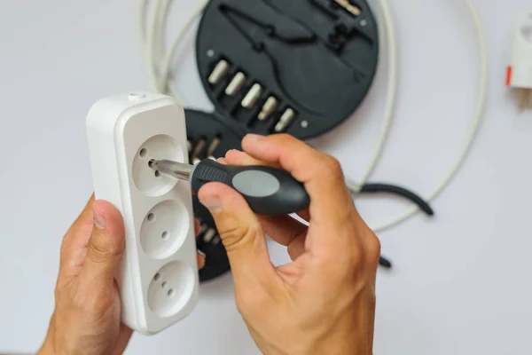 Work Process Electrician Close View White Background — Stock Photo, Image