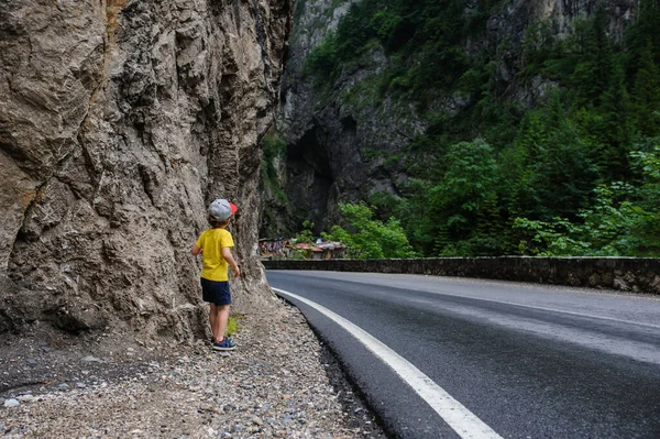 Dos Garçon Blond Ans Près Une Montagne Rocheuse Une Route — Photo