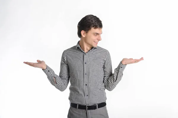 Years Brunet Man Grey Outfit White Background Showing Something His — Stock Photo, Image
