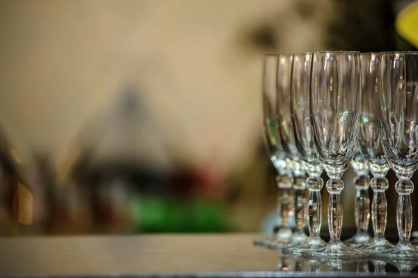Close Photo Rows Empty Glasses Champagne Table Stock Image