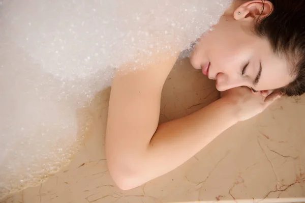 Top View Young Woman White Foam Relaxing Hamam — стоковое фото
