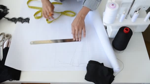 Young Woman Tailor Designing New Dress Her Mini Workshop — Stock Video