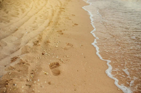 Huellas Pies Humanos Arena Cerca Del Agua Playa — Foto de Stock