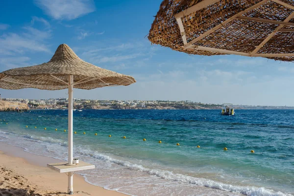 Rieten Parasols Ligstoelen Een Strand Een Idyllisch Tropisch Resort Voor — Stockfoto