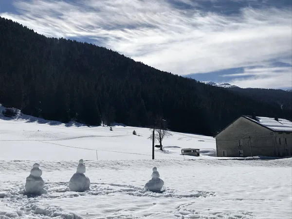 Alpine landscape with three melt snowman in a winter day