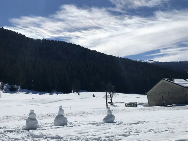 Alpine landscape with three melt snowman in a winter day