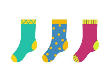 RVB de base. Vector illustration of set of kid colorful socks. Doted blue socks, Striped pink socks. clipart