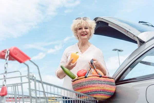 Wanita senior yang ceria memegang keranjang penuh sayuran segar — Stok Foto