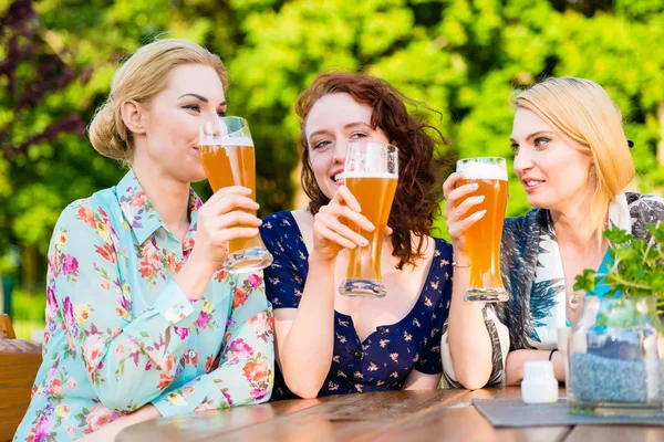 Друзі тости з пивом в садовому пабі — стокове фото