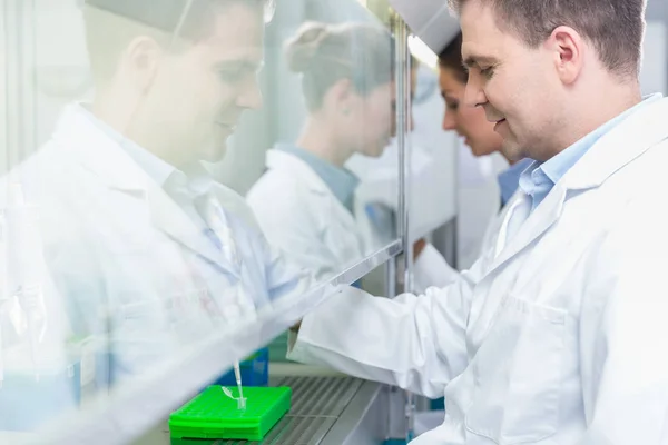 Investigadores en laboratorio científico preparando muestras — Foto de Stock