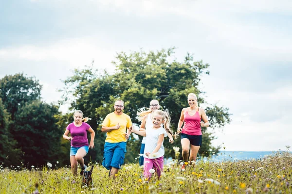 Familia corriendo en un prado para el deporte —  Fotos de Stock