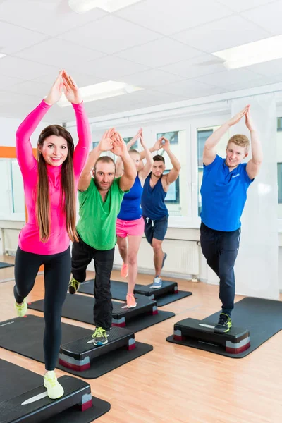 Hombres y mujeres haciendo step-aerobics en el gimnasio — Foto de Stock