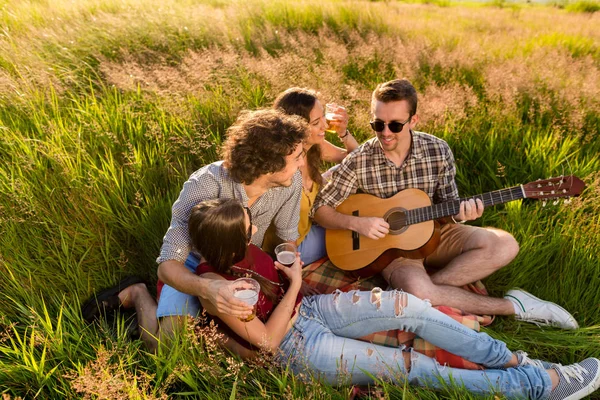 Młodzi ludzie siedzieli w trawie, gra na gitarze — Zdjęcie stockowe