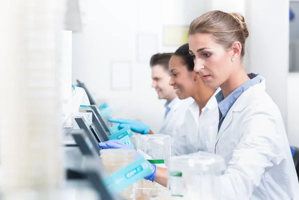 Group of researchers during work on devices in laboratory — Stock Photo, Image