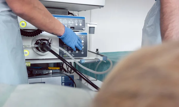 Врач вставляет камеру эндоскопа во время гастроскопии — стоковое фото