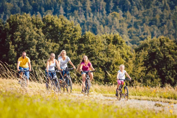 Familia montando sus bicicletas en la tarde en el campo —  Fotos de Stock