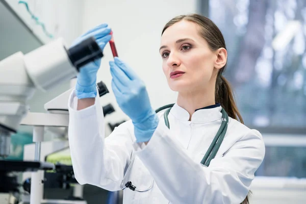 Doctor in medical laboratory looking at blood test — Stock Photo, Image