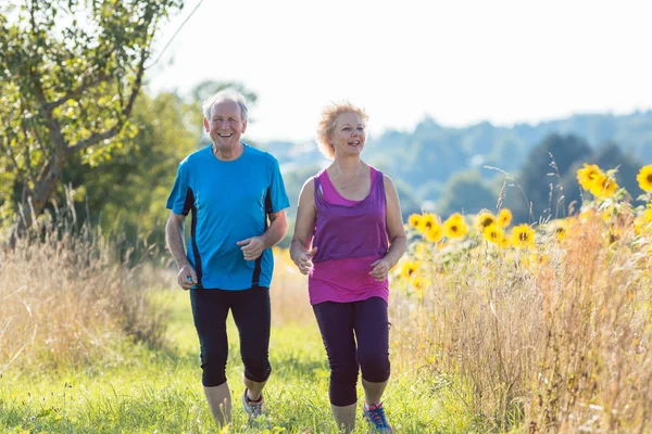 Joyeux couple de personnes âgées jogging ensemble à l'extérieur dans la campagne — Photo