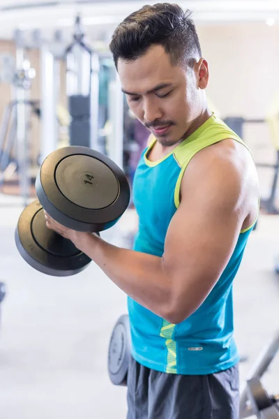 Retrato de un joven guapo ejercitando rizos bíceps durante el entrenamiento —  Fotos de Stock