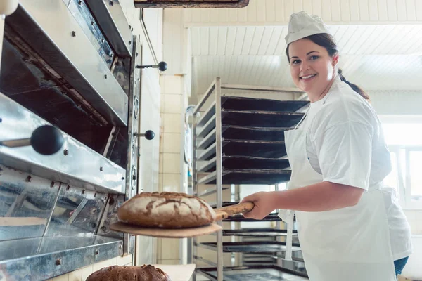 베이커 오븐에서 삽으로 신선한 빵을 얻기 — 스톡 사진
