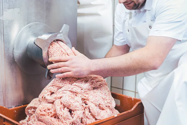 Minced meat flowing out of grinder in butchery — Stock Photo, Image