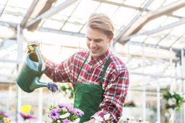 Yetenekli genç adam houseplants çiçekçi olarak çalışırken sulama 