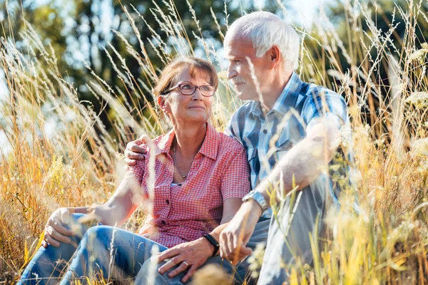 Seniorenpaar sitzt auf einer Wiese im Gras — Stockfoto