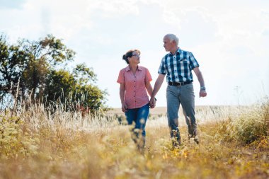 Üst düzey çift birbirlerinin ellerini tutarak çayır üzerinde yürüme