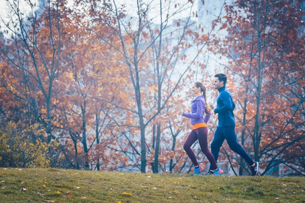 Žena a muž, jogging nebo běh v parku během podzimu — Stock fotografie