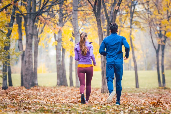 Pareja trotando en follaje colorido, visto desde atrás — Foto de Stock