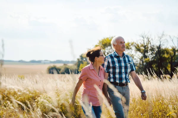 Couple sénior marchant sur un chemin dans la nature — Photo