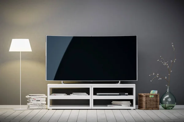 Tv display with blank screen in living room — Stock Photo, Image