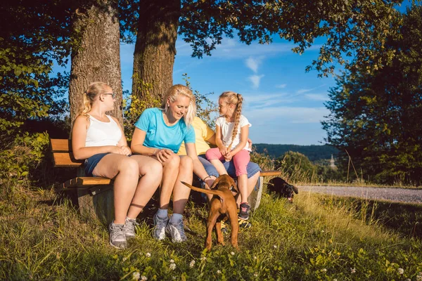 Familia descansando en el banco durante un largo paseo en verano — Foto de Stock