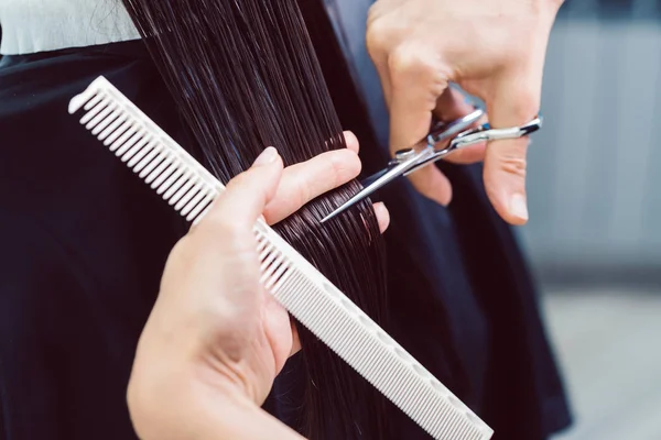 Hairdresser cutting and styling hair of woman in her shop — Stock Photo, Image