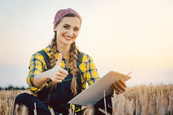 Agricultor com colheita terminou mostrando thumps-up — Fotografia de Stock