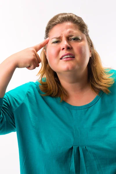 Tłusta kobieta mający ból głowy — Zdjęcie stockowe