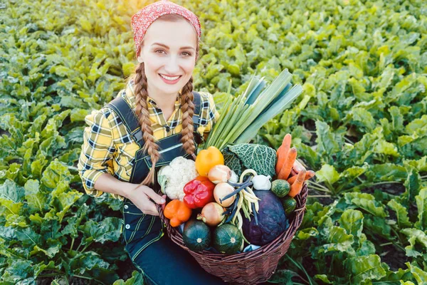 Femme agricultrice dans un champ offrant des légumes biologiques — Photo