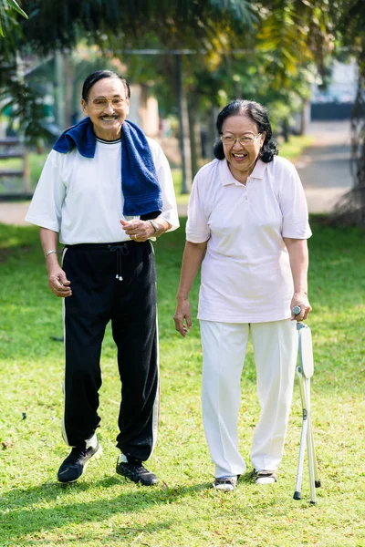 Pareja de ancianos caminando en el parque — Foto de Stock