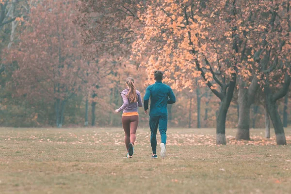 Queda correndo em um parque, visto por trás do casal — Fotografia de Stock