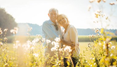 Güneşli bir çayırda birbirini kucaklayan yaşlı çift