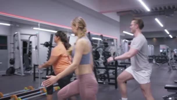 Group of fit people in the gym doing step aerobics — Stock Video