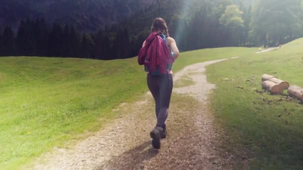 Mujer caminando por las montañas de los Alpes — Vídeos de Stock