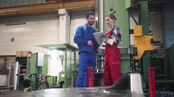 Woman and man manufacturing worker in discussion — Stock Video