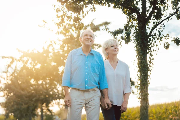 Seniorin und Mann spazieren auf Feldweg — Stockfoto