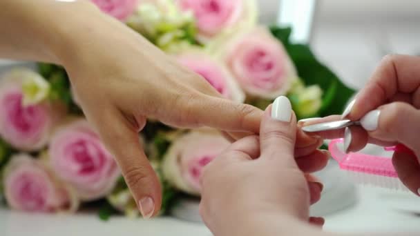 Mani di un abile manicure che lavora sulle unghie di una giovane donna — Video Stock